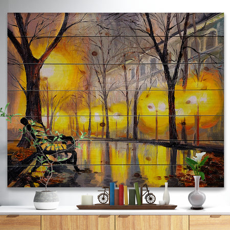 Empty Autumn Street - Landscape Print on Natural Pine Wood