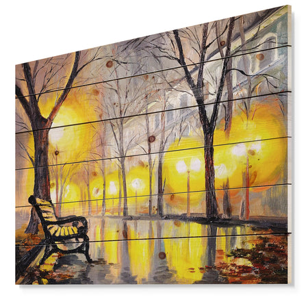 Empty Autumn Street - Landscape Print on Natural Pine Wood