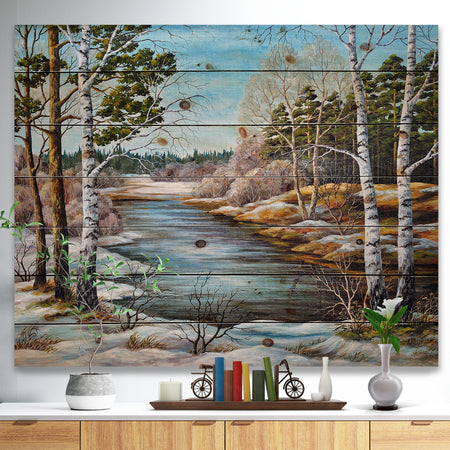 The spring Siberian River - Landscape Print on Natural Pine Wood