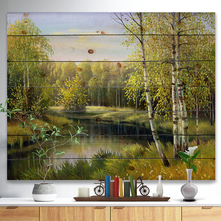 Quiet Autumn River - Landscape Print on Natural Pine Wood