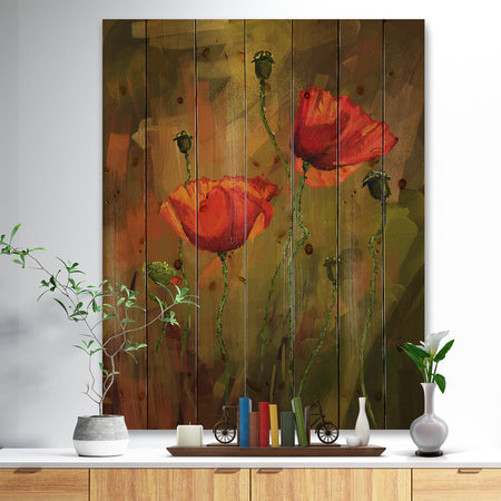 Watercolor Poppy Flowers - Floral Art Print on Natural Pine Wood