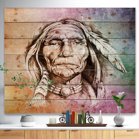 American Indian Head - Portrait Print on Natural Pine Wood