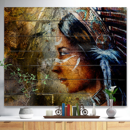 Indian Woman with Headdress - Portrait Print on Natural Pine Wood