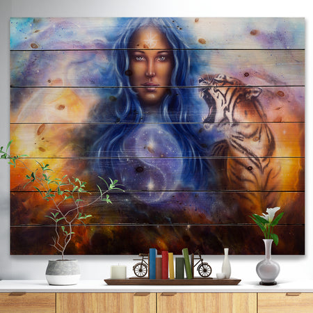 Female Goddess Lada - Portrait Print on Natural Pine Wood