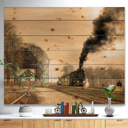 Retro Steam Train - Vintage Print on Natural Pine Wood