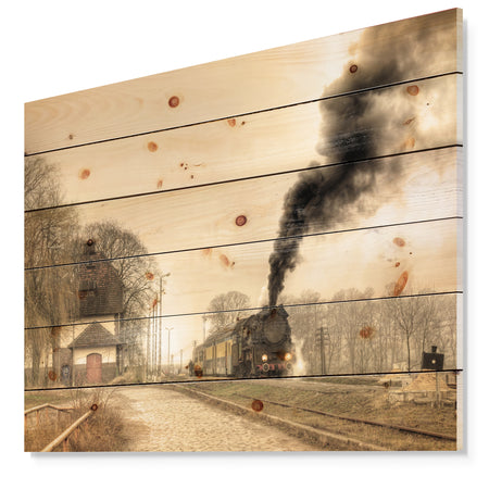 Retro Steam Train - Vintage Print on Natural Pine Wood