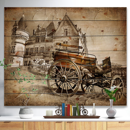 Medieval Castle with Carriage - Vintage Print on Natural Pine Wood