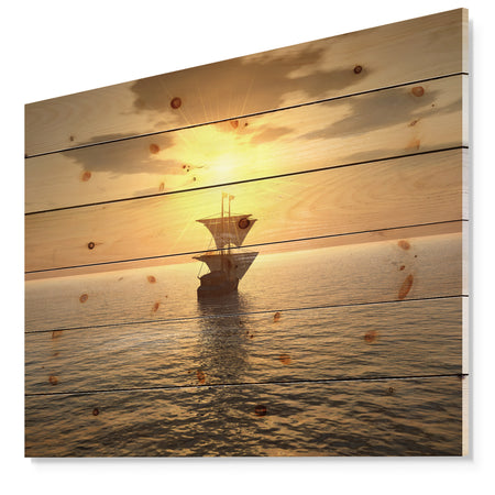 Ship and Sunset - Seascape Photography Print on Natural Pine Wood