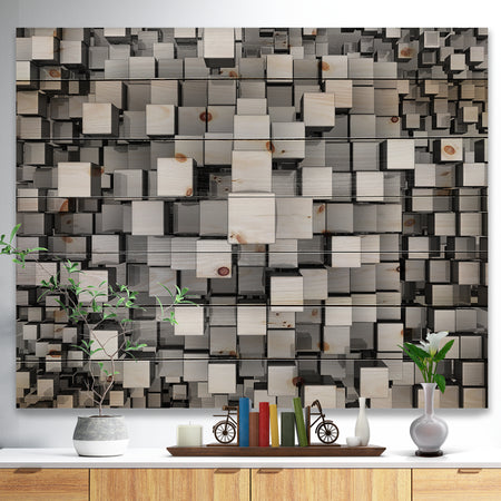 Black and Grey Cubes - Contemporary Print on Natural Pine Wood