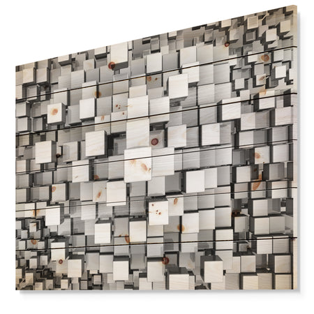Black and Grey Cubes - Contemporary Print on Natural Pine Wood