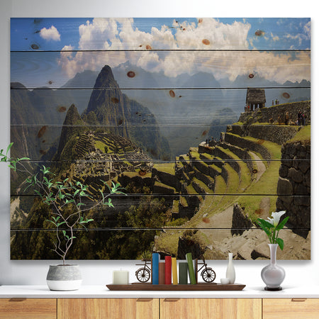 Machu Picchu Panorama - Landscape Photo Print on Natural Pine Wood