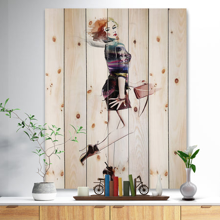 Fashionable Young Girl - Abstract Portrait Print on Natural Pine Wood