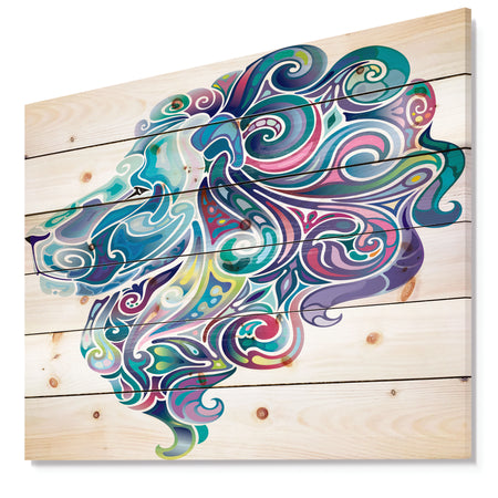 Blue Lion Abstract Art - Bohemian Print on Natural Pine Wood