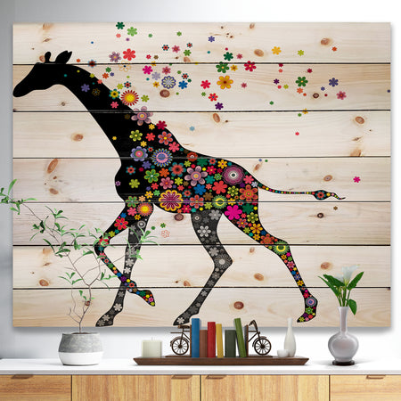Cheerful Giraffe Running - Animal Print on Natural Pine Wood