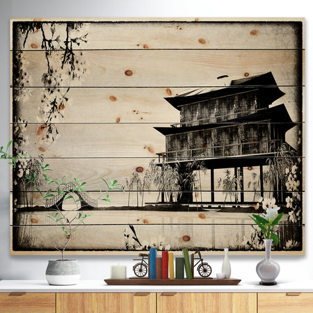Chinese Ink Painting - Chinese Landscape Print on Natural Pine Wood