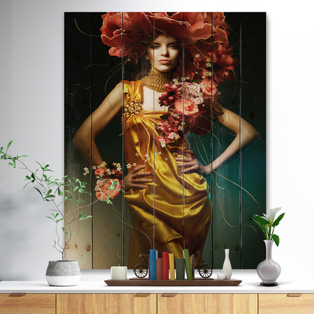 Sensual Woman in Yellow Dress - Portrait Print on Natural Pine Wood