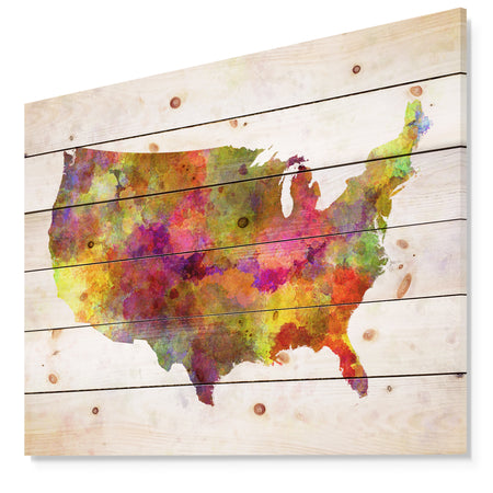 United States Map in Colors - Watercolor Painting Print on Natural Pine Wood