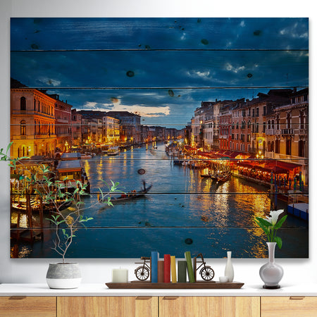 Grand Canal at Night Venice - Cityscape Photo Print on Natural Pine Wood