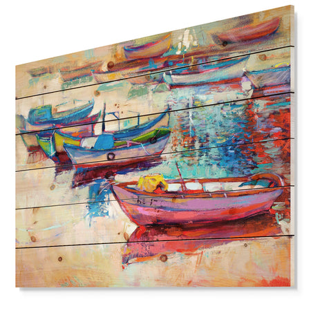 Boats and Ocean - Seascape Print on Natural Pine Wood
