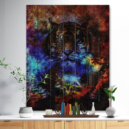 Colorful Tiger Collage - Animal Print on Natural Pine Wood