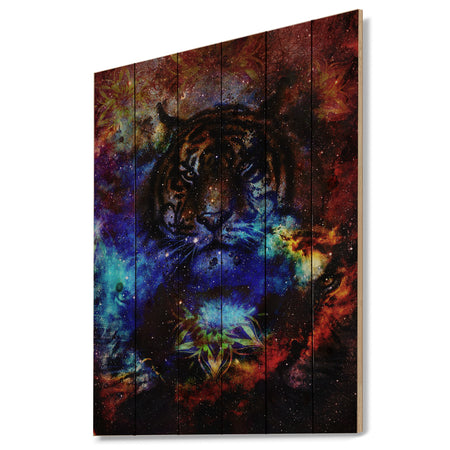 Colorful Tiger Collage - Animal Print on Natural Pine Wood