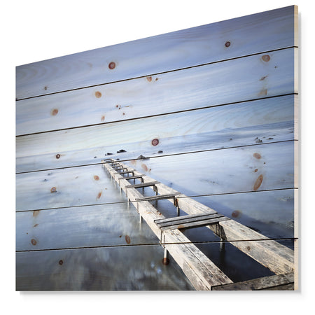 Dark Blue Sky and Large Pier - Seascape Print on Natural Pine Wood