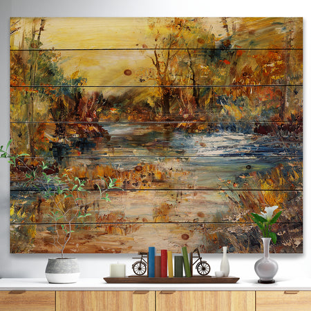River in Forest Oil Painting - Landscape Print on Natural Pine Wood