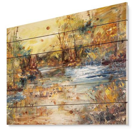 River in Forest Oil Painting - Landscape Print on Natural Pine Wood