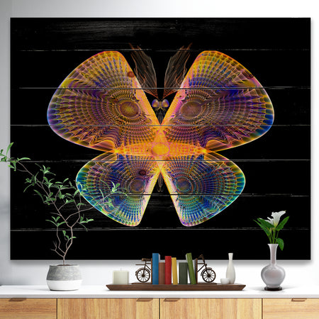 Blue Yellow Fractal Butterfly in Dark - Abstract Print on Natural Pine Wood