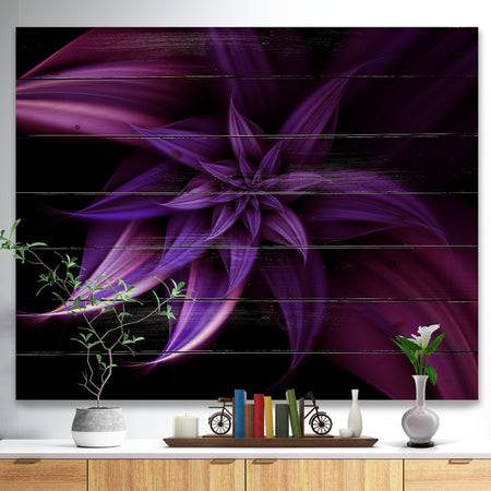 Fractal Flower Purple - Floral Art Print on Natural Pine Wood