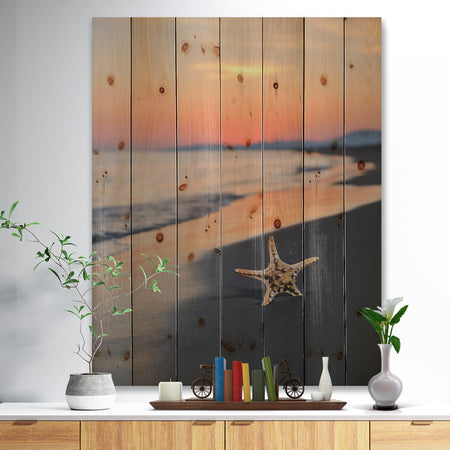 Summer Beach with Starfish - Beach and Shore Print on Natural Pine Wood