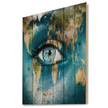 Planet Earth and Blue Eye - Abstract Print on Natural Pine Wood
