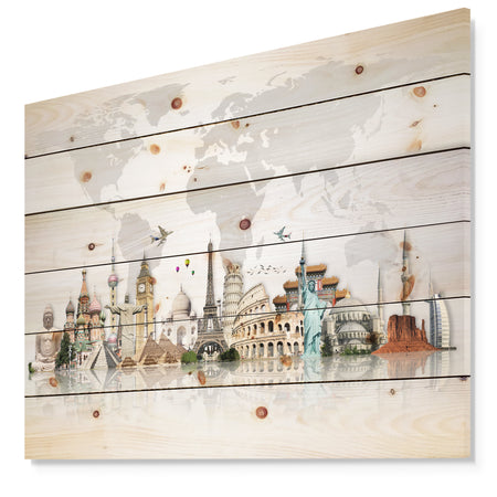 Famous Monuments Across World Map - Print on Natural Pine Wood