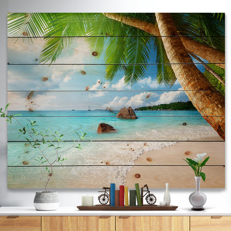 Praslin Island Seychelles Beach - Seashore Photo Print on Natural Pine Wood