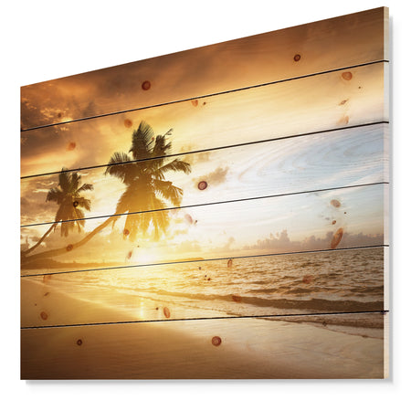 Caribbean Seashore Sunset - Seascape Photography Print on Natural Pine Wood