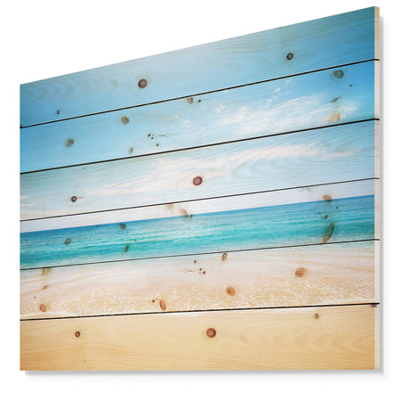 Wide Blue Sky Over Beach - Seashore Photo Print on Natural Pine Wood