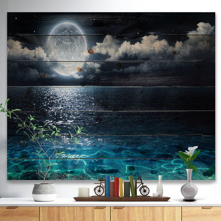 Romantic Full Moon Over Sea - Seascape Print on Natural Pine Wood