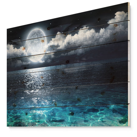 Romantic Full Moon Over Sea - Seascape Print on Natural Pine Wood