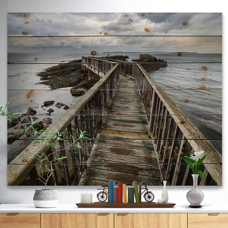 Wooden Pier on North Irish Coastline - Sea Bridge Print on Natural Pine Wood
