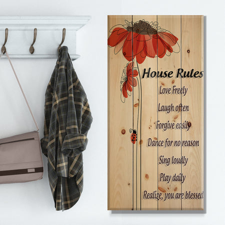 House Rules. Red Floral - Textual Entrance Art on Wood Wall Art