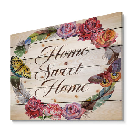 Home Sweet Home Butterfly Floral Wreath - Textual Entrance Art on Wood Wall Art