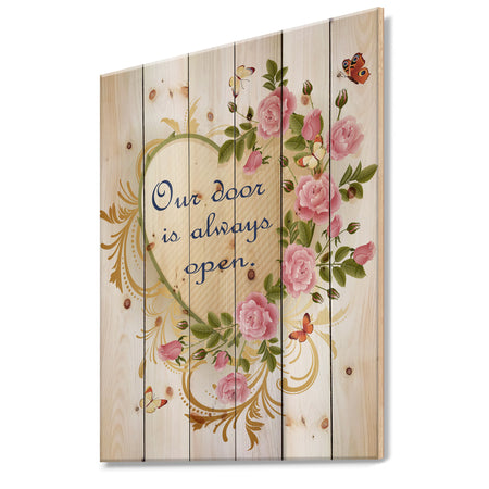 Our door is always open. Heart of roses - Textual Entrance Art on Wood Wall Art
