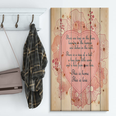 This is home. This is Love. Pink floral heart - Textual Entrance Art on Wood Wall Art