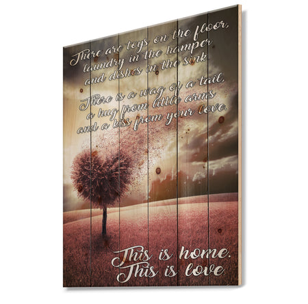 There toys on the floor. Pink Tree heart landscape - Textual Entrance Art on Wood Wall Art