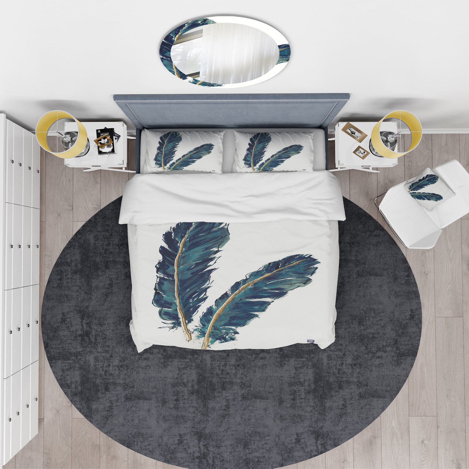 Gold Indigo Feathers IV - Glam Duvet Cover Set