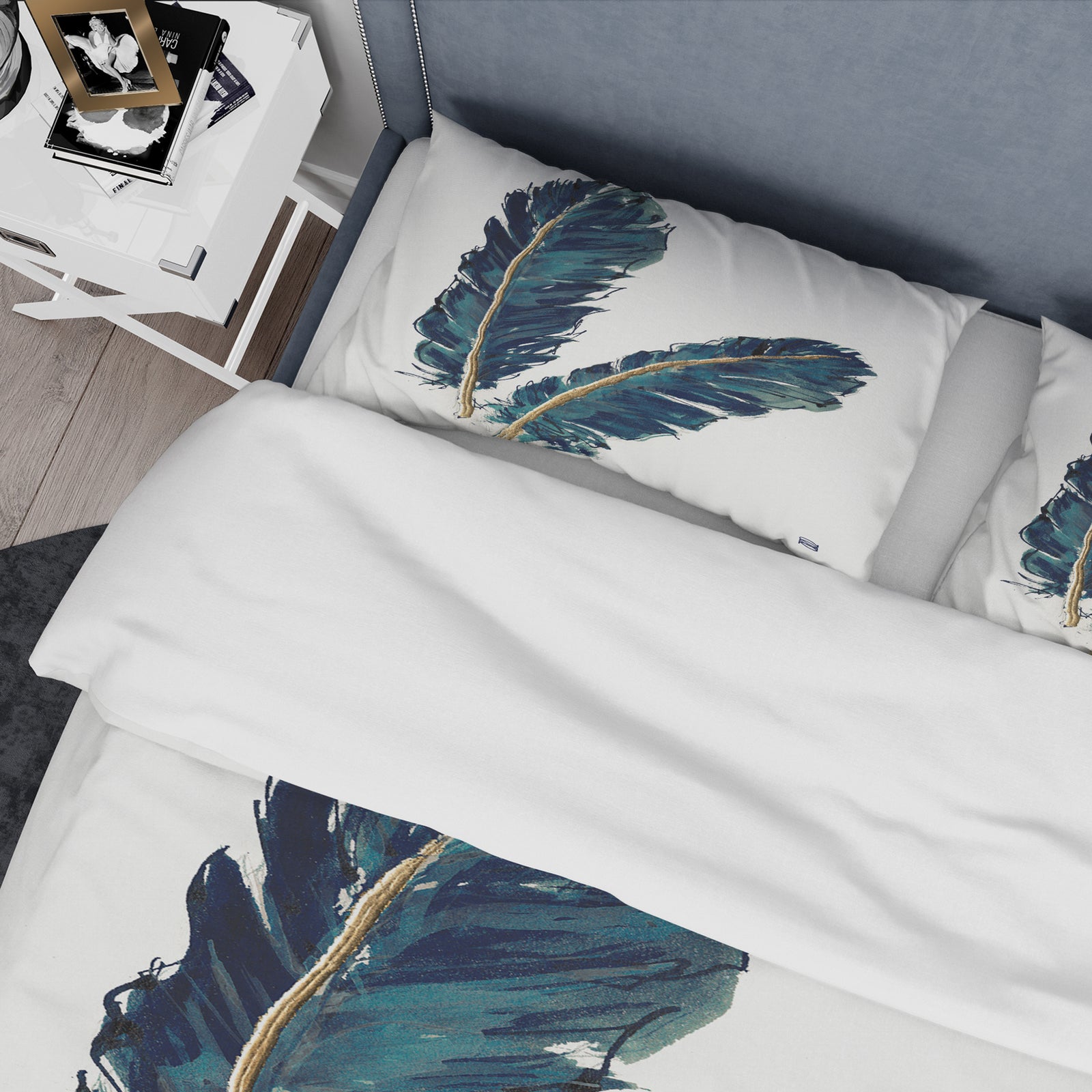 Gold Indigo Feathers IV - Glam Duvet Cover Set