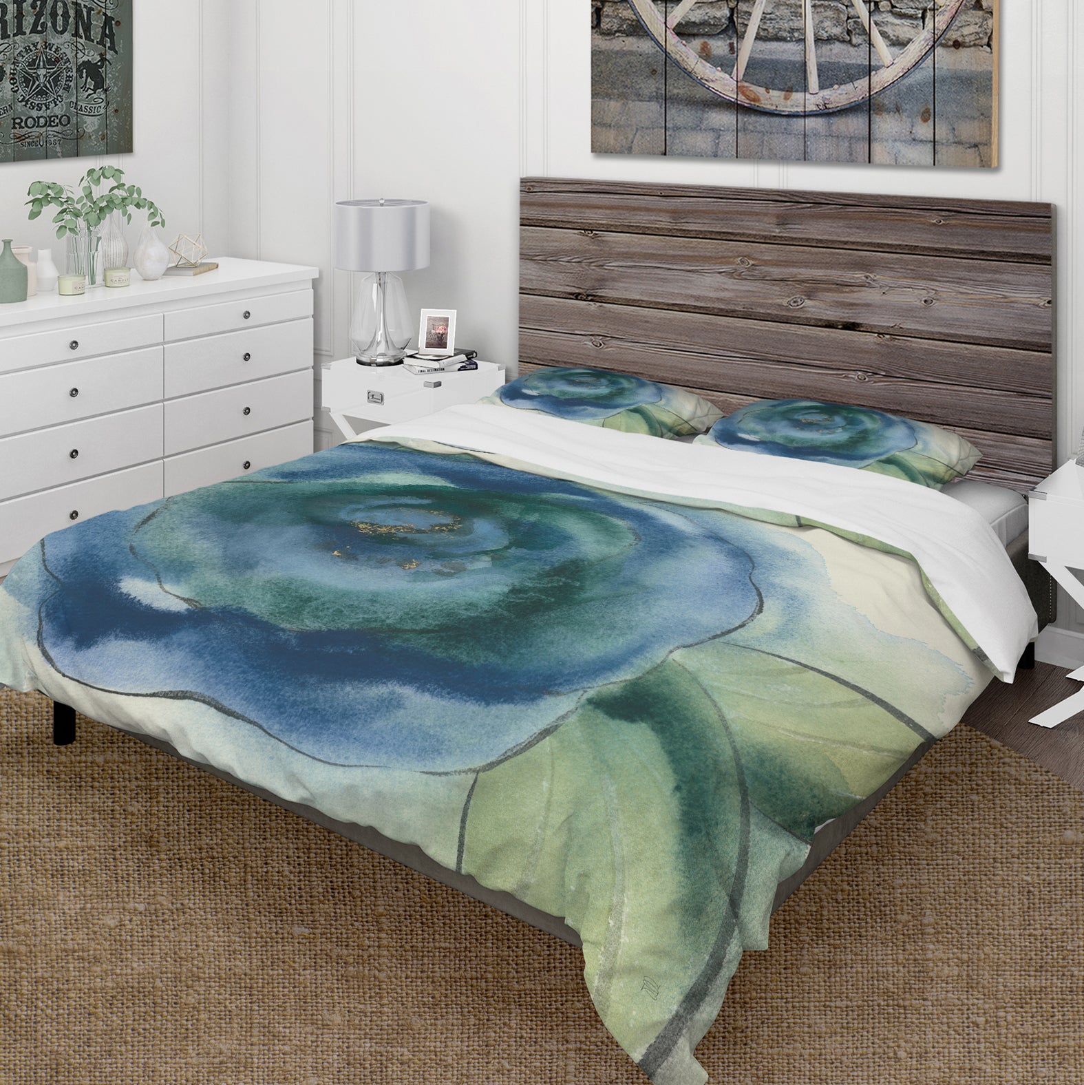 Blue Floral Poppies I - Cottage Duvet Cover Set