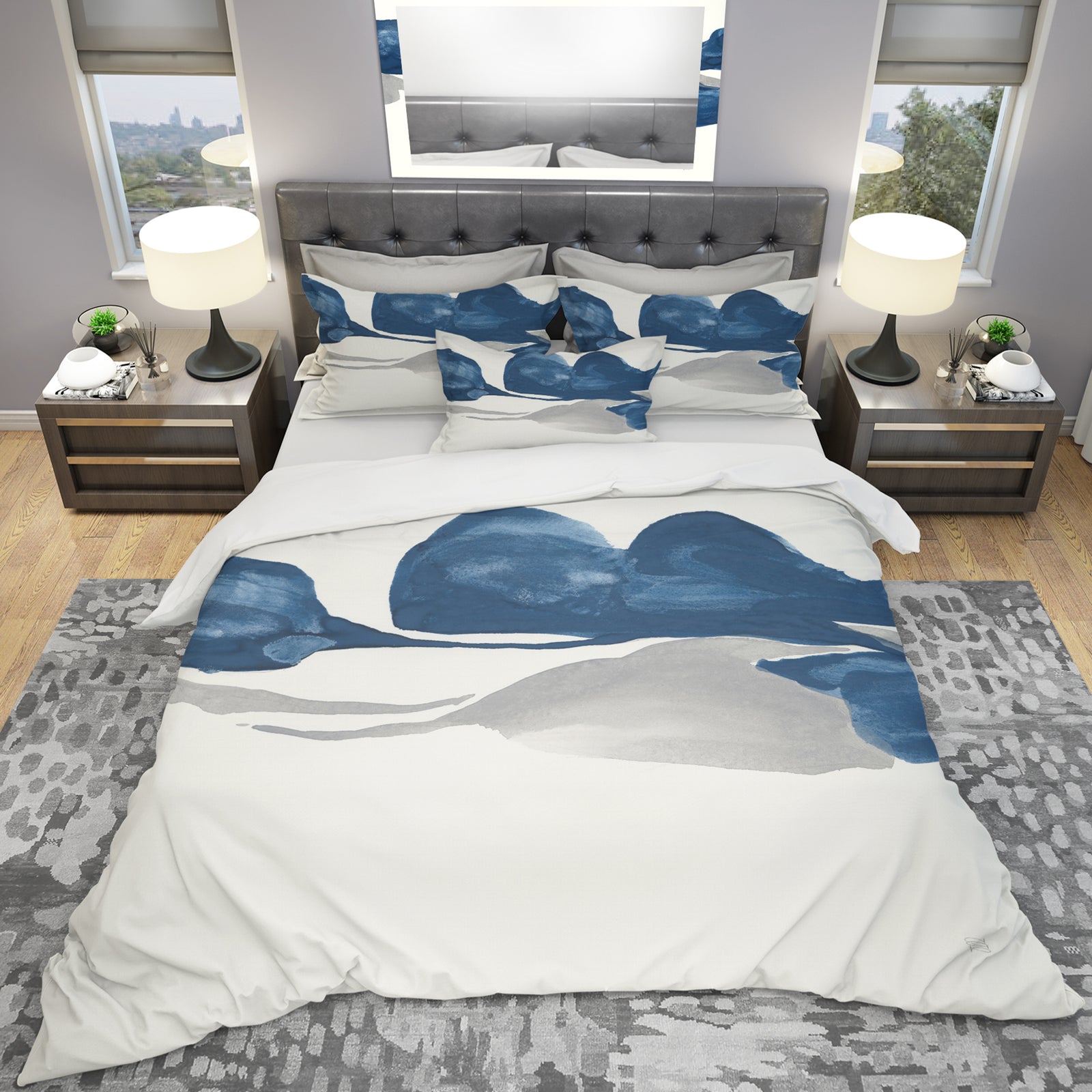 Gouache Sapphire on Gray III - Geometric Duvet Cover Set