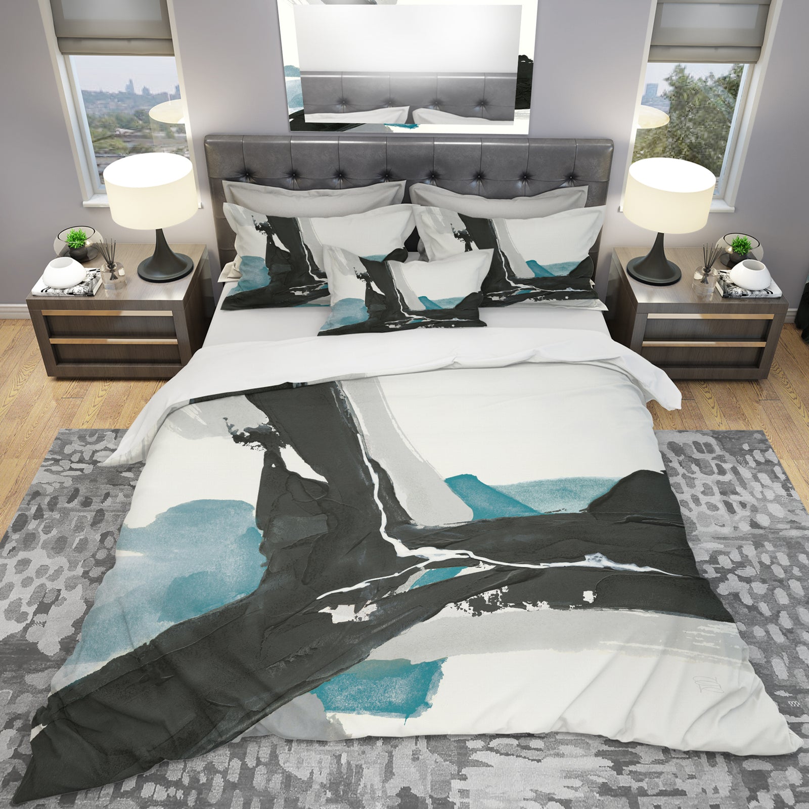 Geometric Black and Teal III - Geometric Duvet Cover Set