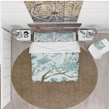 Teal Cherry Blossoms I - Farmhouse Duvet Cover Set